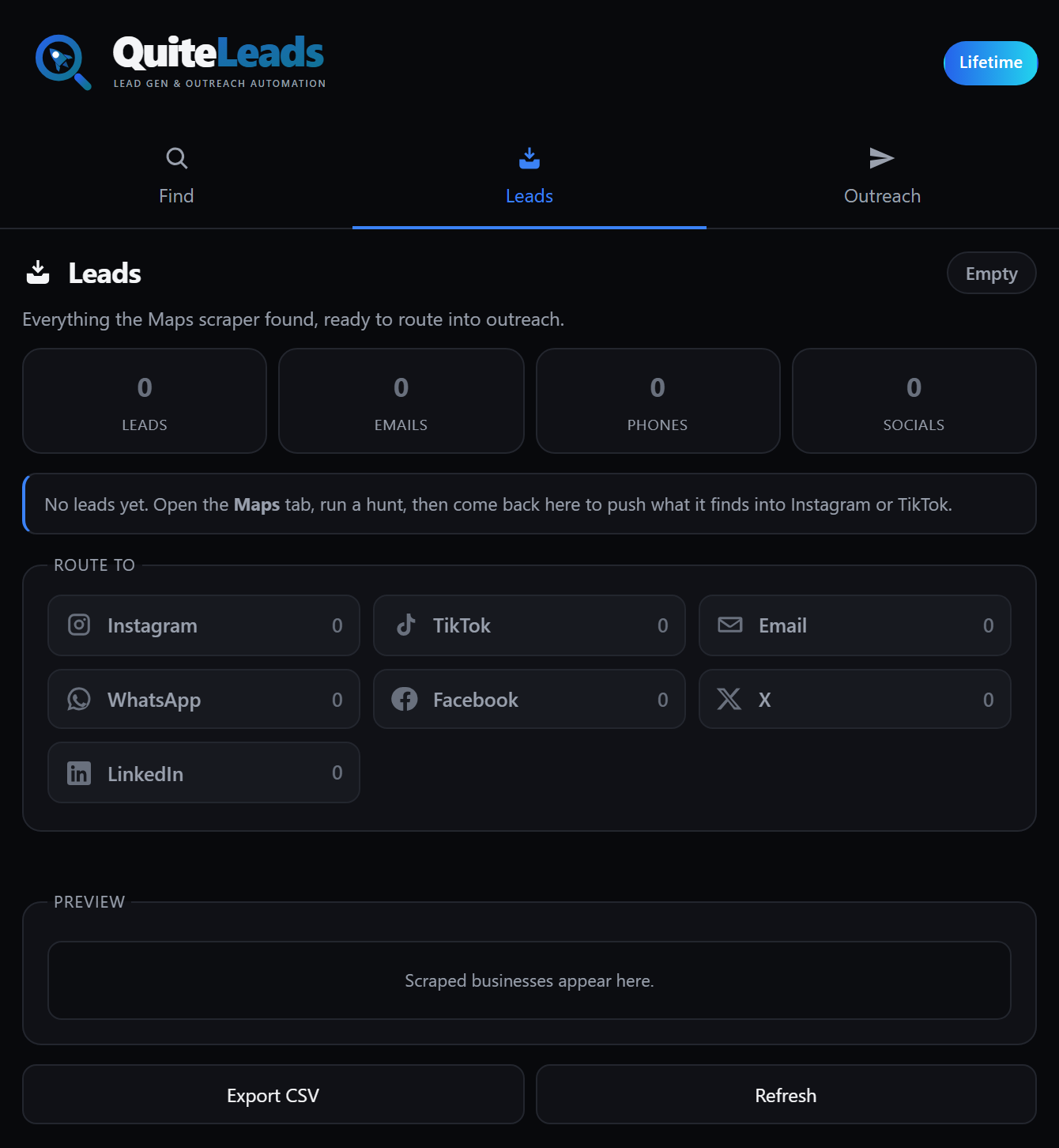 Leads collected by a Google Maps lead scraper with email, phone and social counts and seven outreach channels