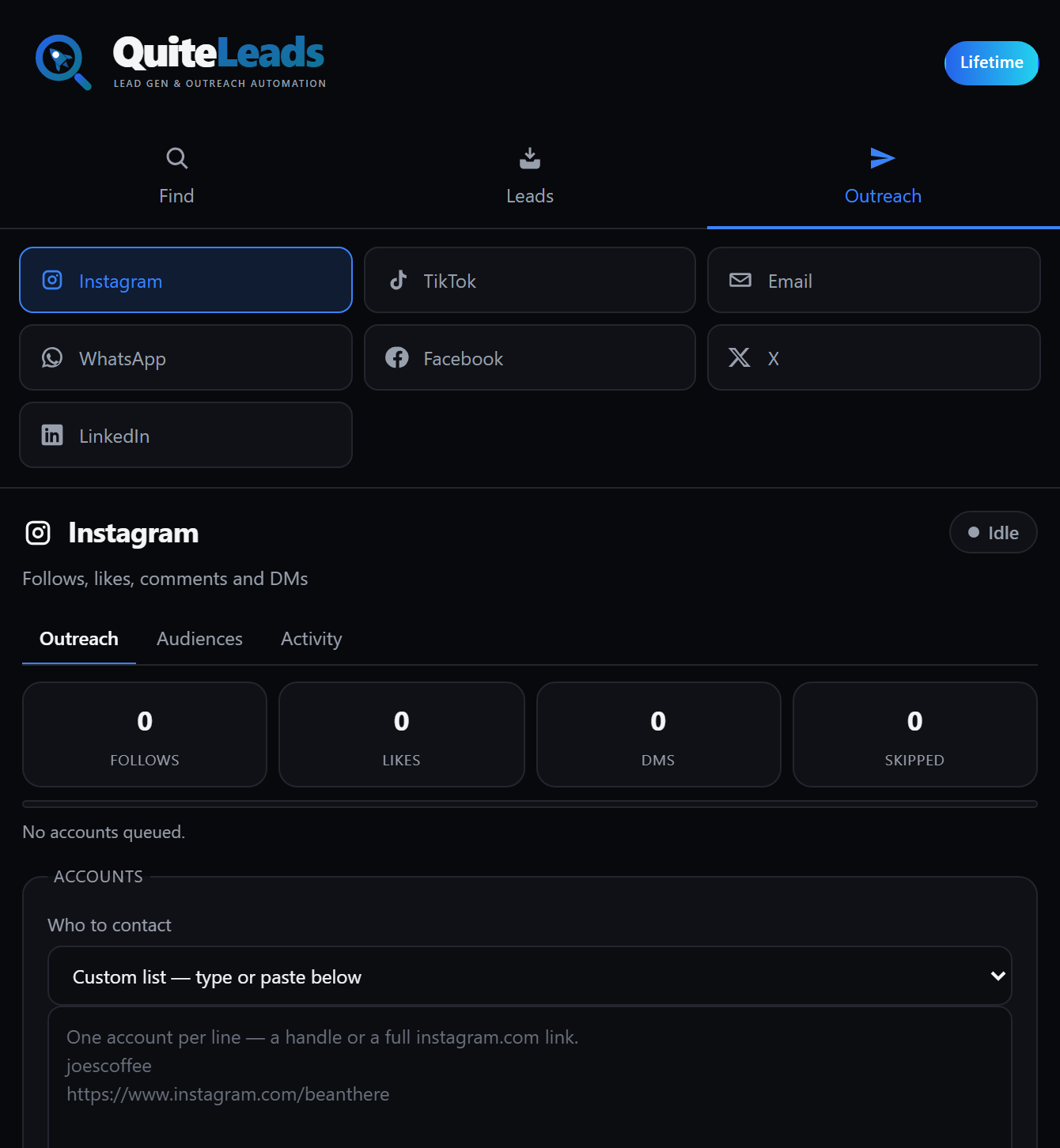 Outreach controls for leads generated from Google Maps, with follow, like, comment and message actions